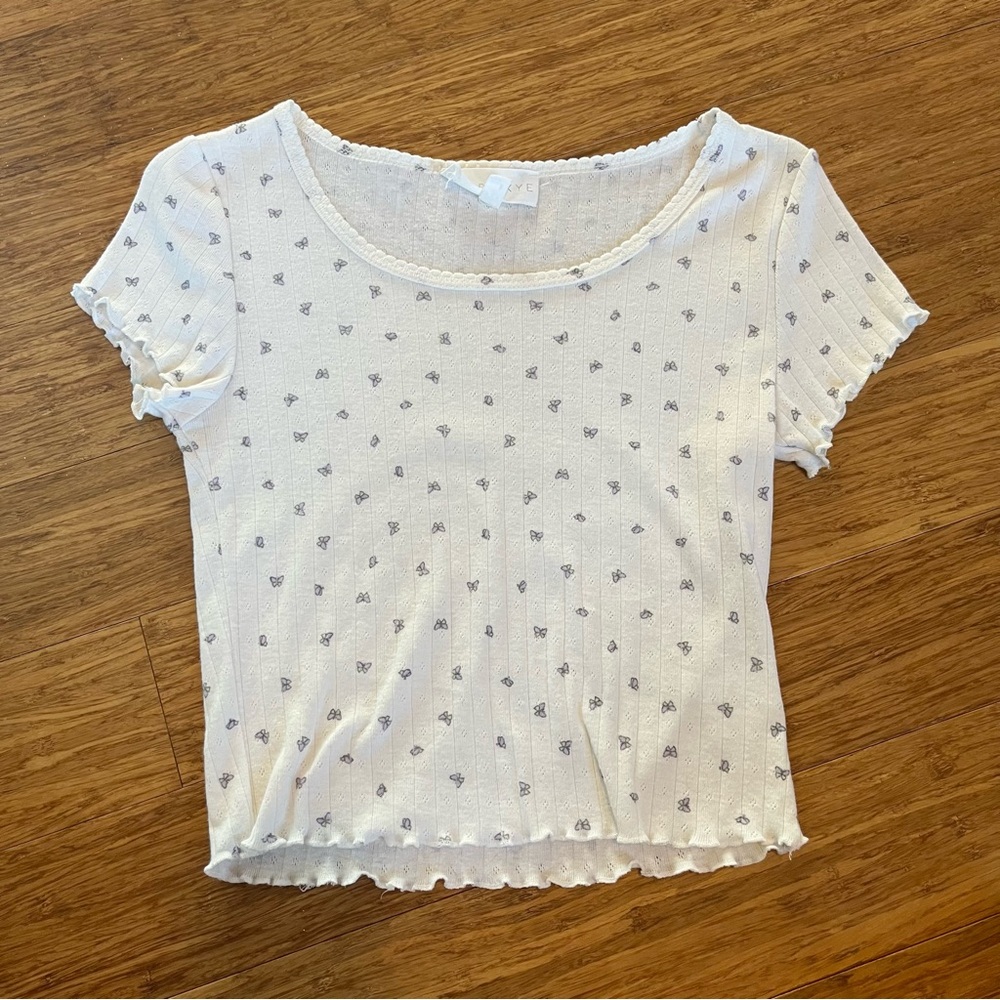 White Short Sleeve Top with Butterfly Pattern